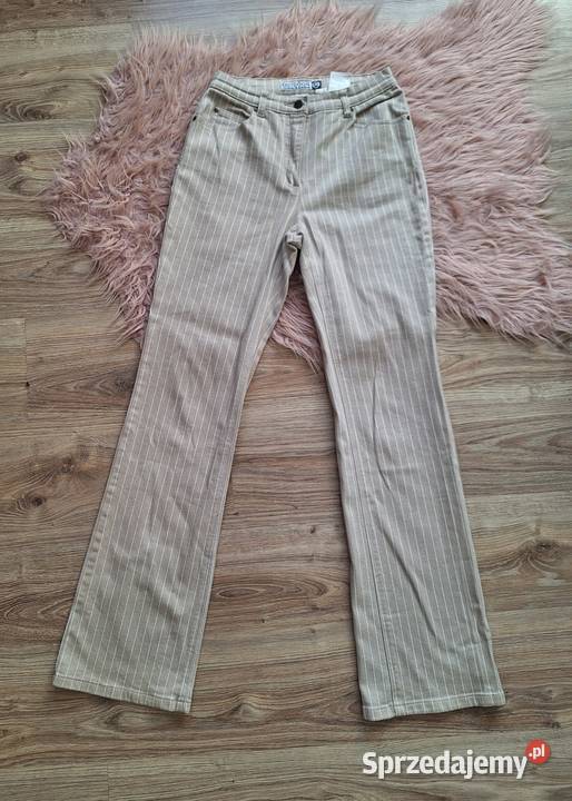 Piękne szerokie spodnie dzwony beżowe w prążki Długie małopolskie Kraków