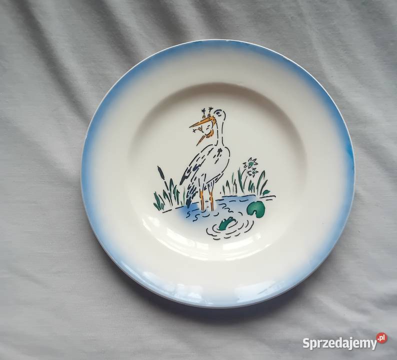 Fajansowy talerz z bocianem VEB Steingut Antyki, Sztuka, Kolekcje Koźminek