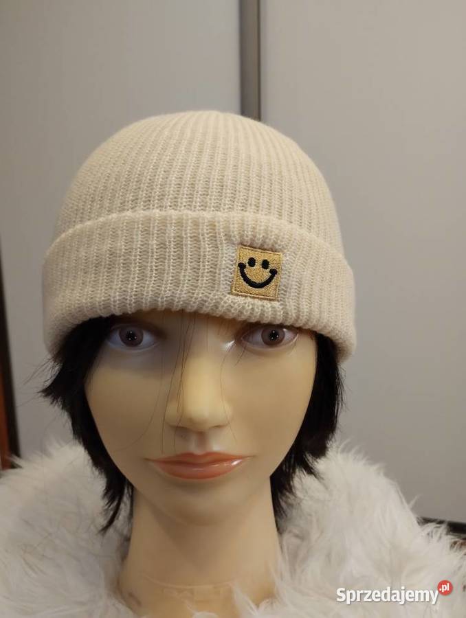 Czapka prążek beżowa cieplutka Hażlach