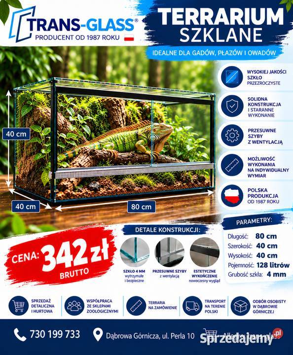 Terrarium szklane 80x40x40 szkło 4 mm producent Dąbrowa Górnicza sprzedam