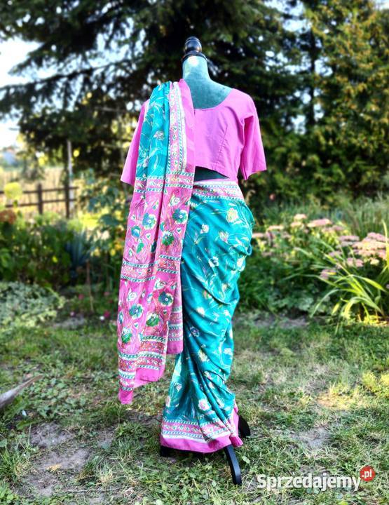 Vintage saree sari róż turkus kwiaty floral Szczecin