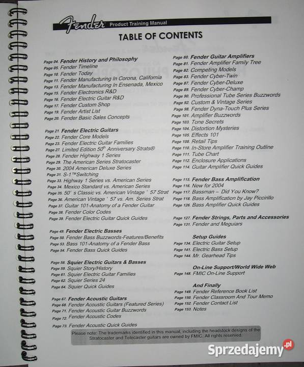 Fender Product Training Manual podręcznik pomorskie Kępice sprzedam