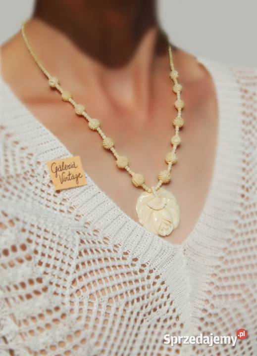 Róża rzeźbiony naszyjnik z kości kość vintage Lublin