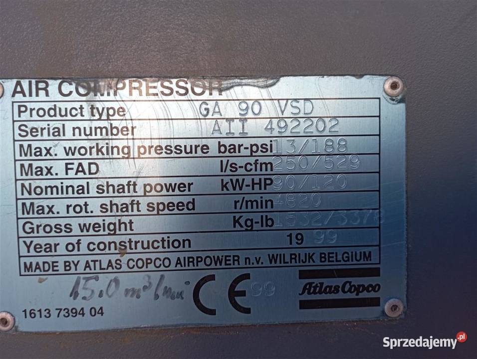 Sprężarka śrubowa kompresor ATLAS COPCO GA90 VSD