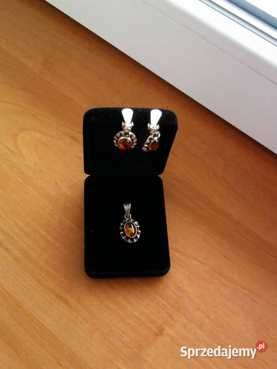 Srebrne klipsy z bursztynem i wisiorek antyk Sosnowiec