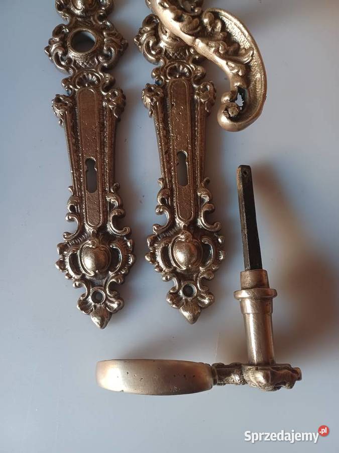 Komplet pięknych mosiężnych starych klamek i Poznań