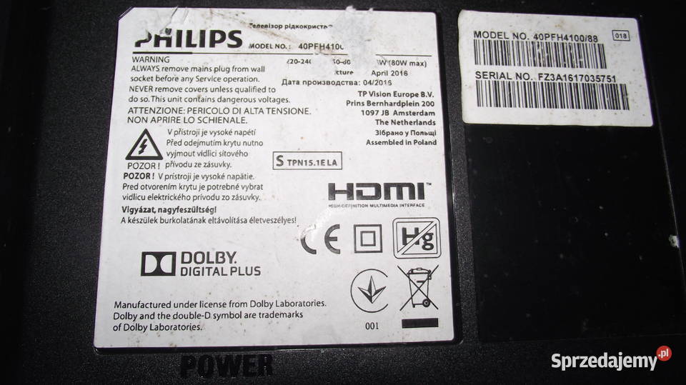 Uszkodzony telewizor Philips40PLH410088 LED Telewizory Wieruszów