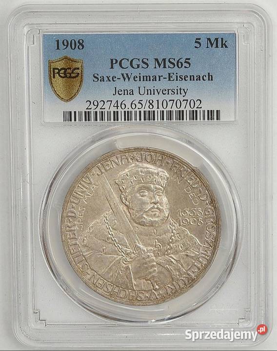 5 Marek 1908 r Saksonia PCGS MS 65 WYSOKA NOTA Węgorzewo