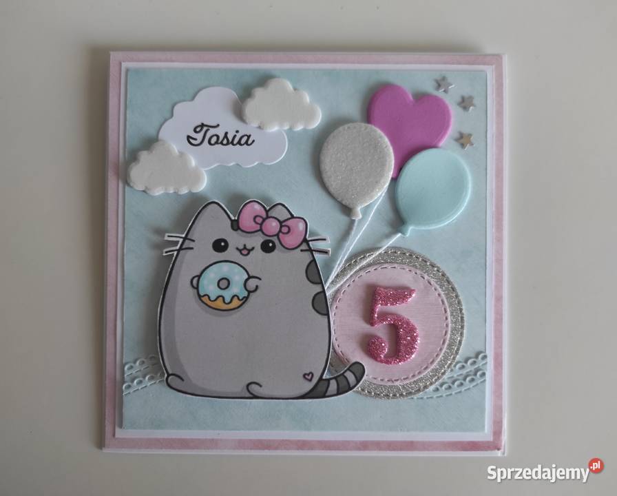 Kartka ręcznie robiona na urodziny kotek Pusheen łódzkie Łódź sprzedam