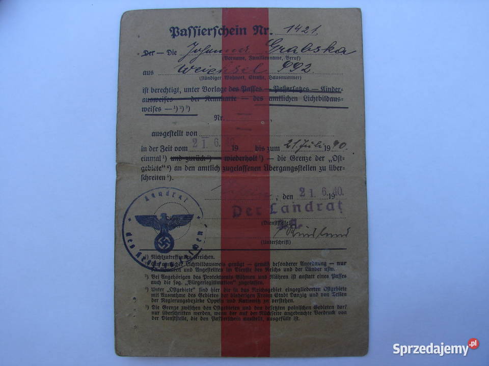 Wisła 992 Przepustka z 1940 r Passierschein mazowieckie Warszawa