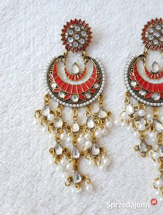 Długie kolczyki czerwony złoty kolor indyjskie Szczecin sprzedam