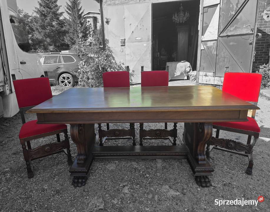 Włoski rzeźbiony stół na łapach z 4 krzesłami Wałbrzych