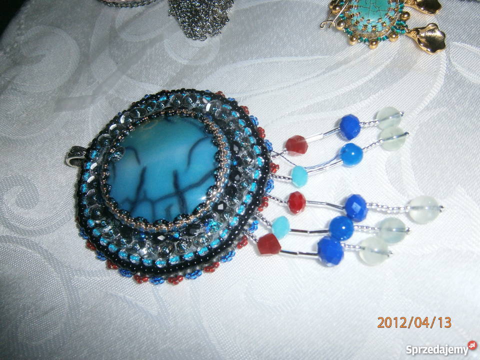 Wisior agat smoczy beading cekiny posrebrzane śląskie Częstochowa