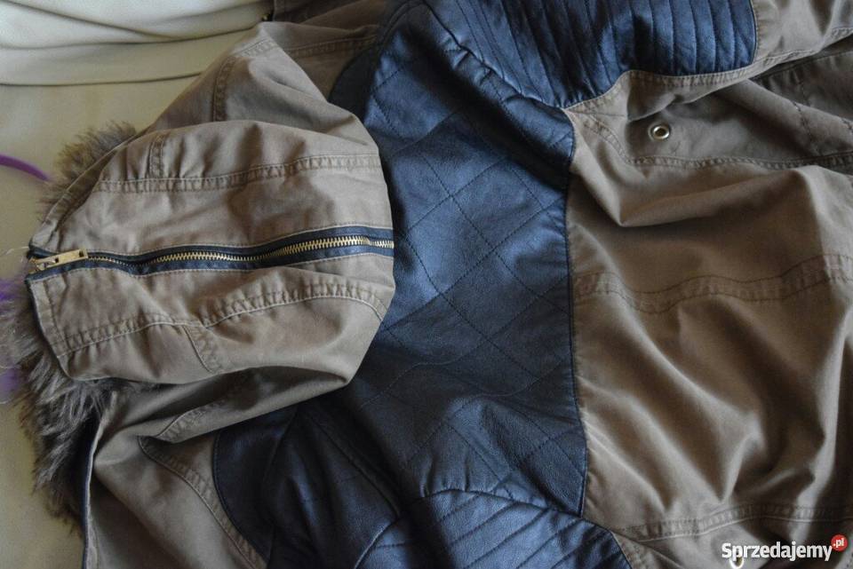 Parka khaki Bershka 38 M skórzane rękawy futro Łódź sprzedam