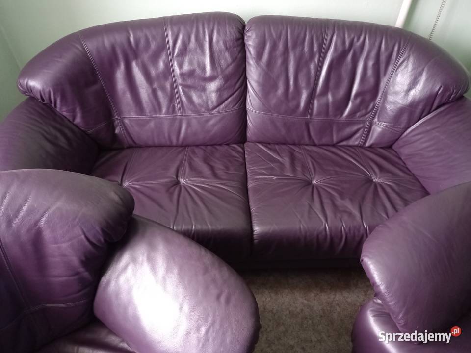 Sofa i dwa fotele skórzane fioletowe podlaskie Łomża