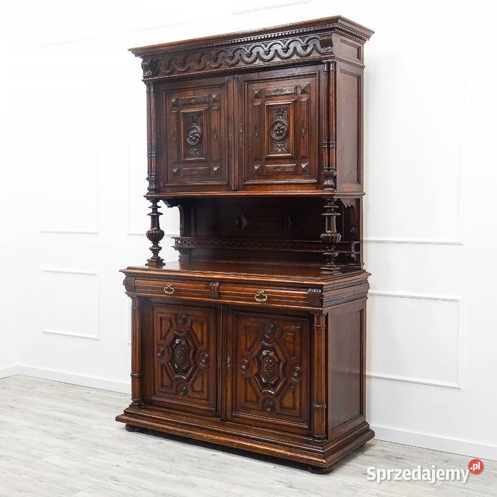 Antyk Wysoki KREDENS drewniany ZDOBIONY Kredens 142cm wielkopolskie Kalisz sprzedam