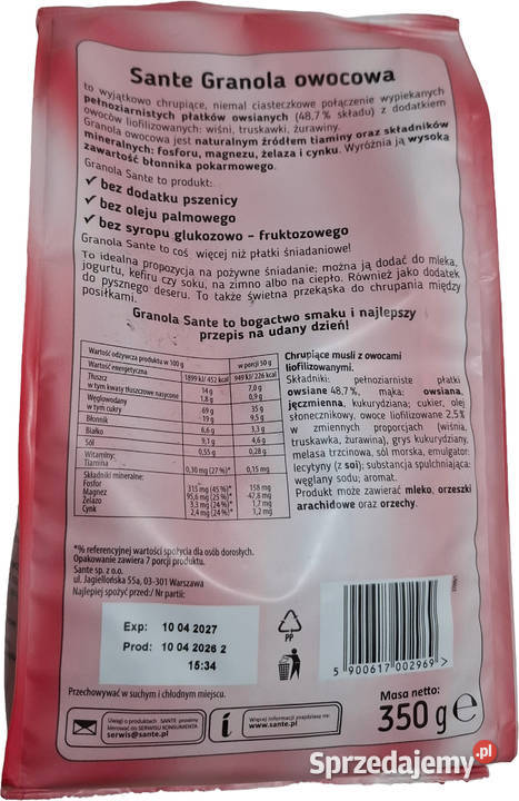 Granola z owocami truskawka żurawina wiśnia 350g Czeladź