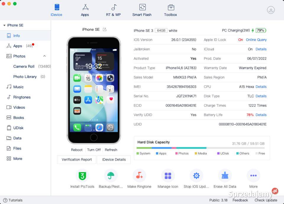iPhone SE 3gen 64GB Biały A2783 Stan Mysłowice