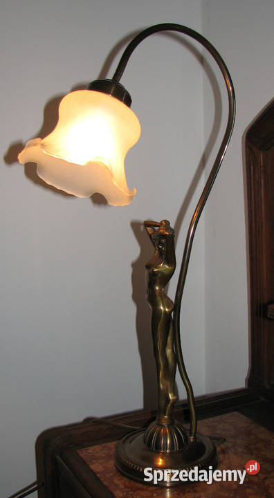 Mosiężna lampka stołowa z panienką secesja Rękodzieło łódzkie Cielądz