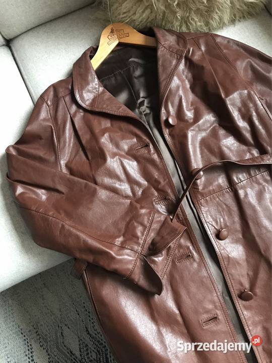 Długi damski skórzany płaszcz vintage PRL Renoma Warszawa
