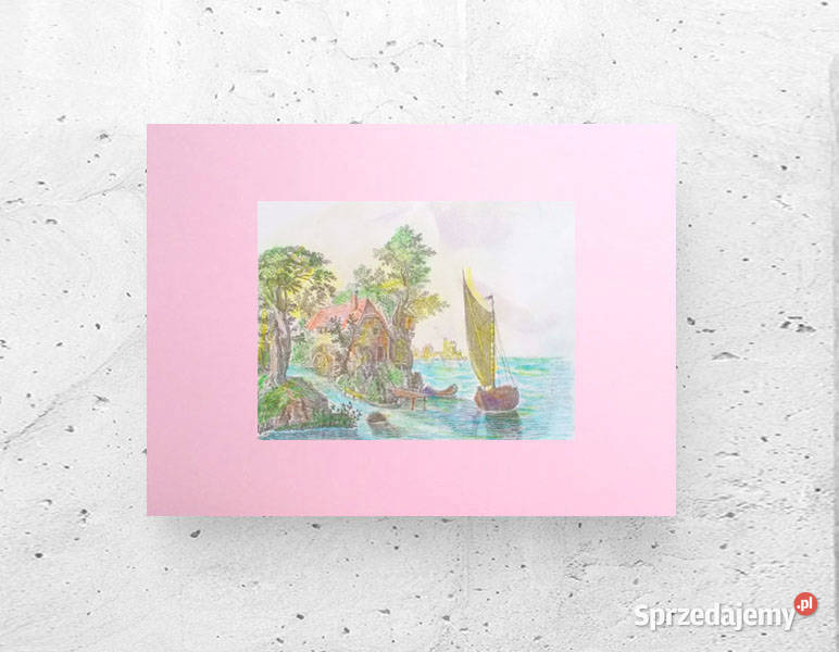 różowy obrazek A3 pastelowy pejzaż retro grafika opolskie Opole sprzedam