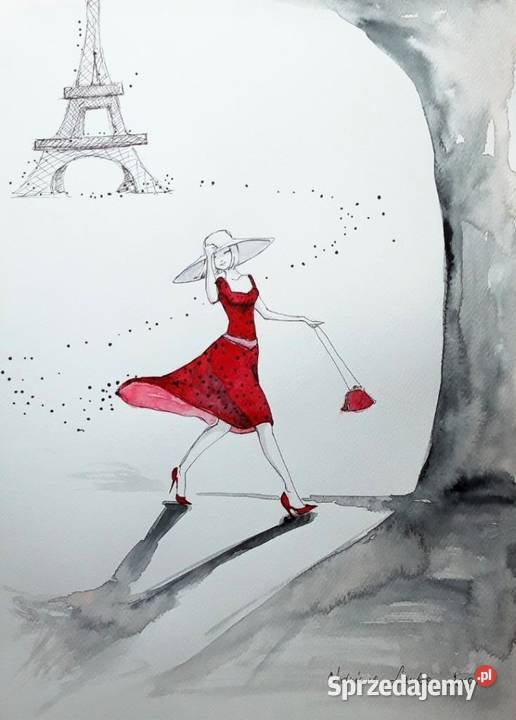 FLOW W PARYŻU akwarela z dodatkiem piórka obraz śląskie