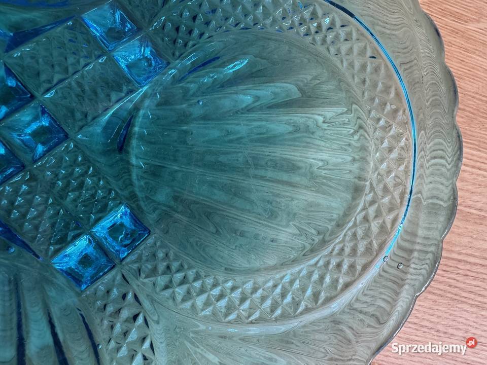 Talerz patera HSG Ząbkowice szkło turkus wzór Dąbie