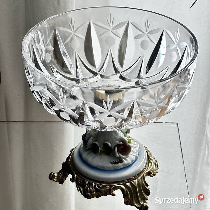 Stylowa patera na stopie porcelana metal szkło Myszków