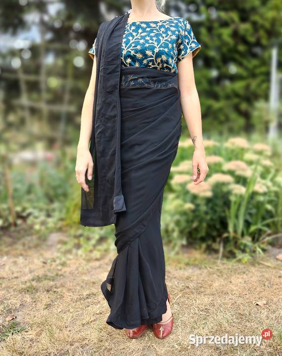 Eleganckie czarne sari L 40 XL 42 szyfon saree zielony