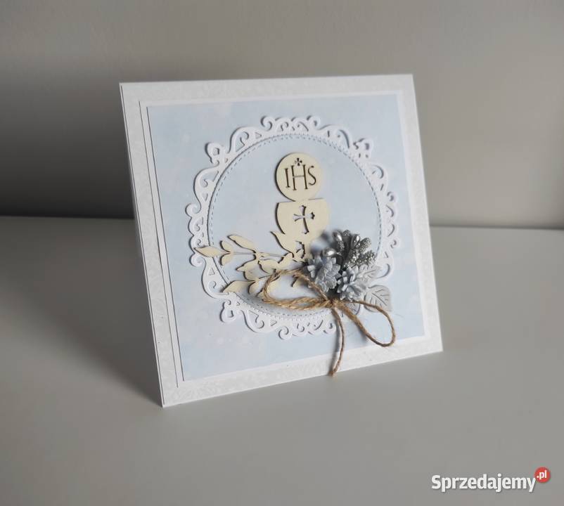 Kartka ręcznie robiona Komunia Święta niebieska łódzkie