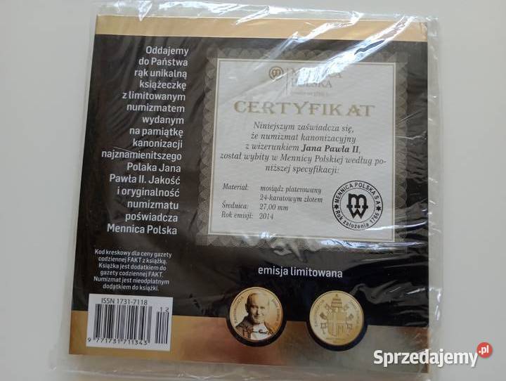 Numizmat kanonizacyjny Jan Paweł II 2014r Mosina sprzedam