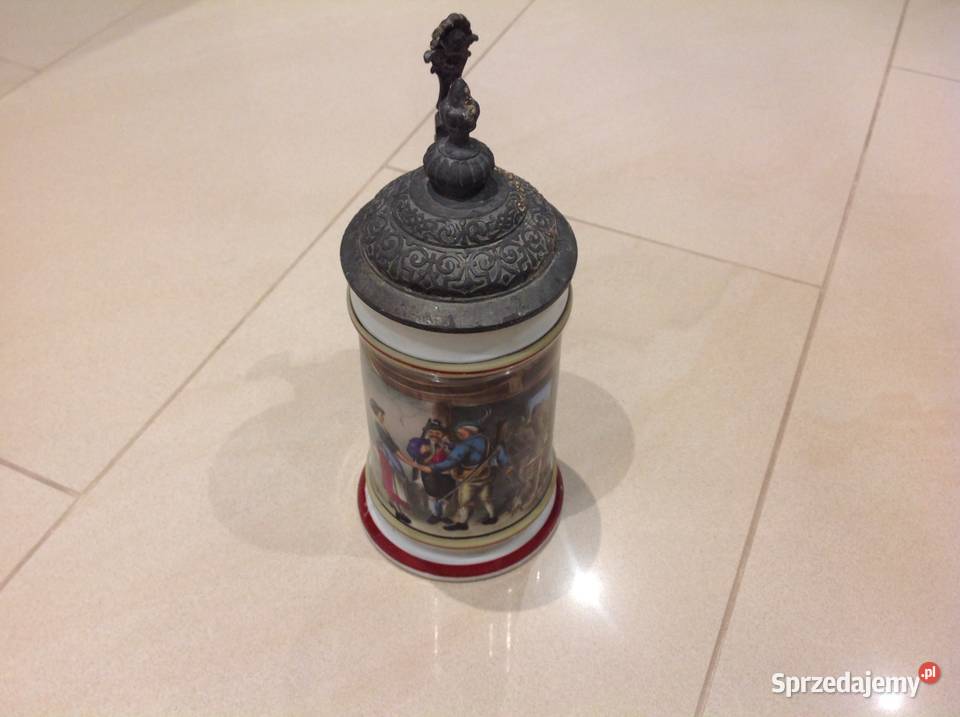 Stary Porcelanowy Kufel Myśliwskil z cynową