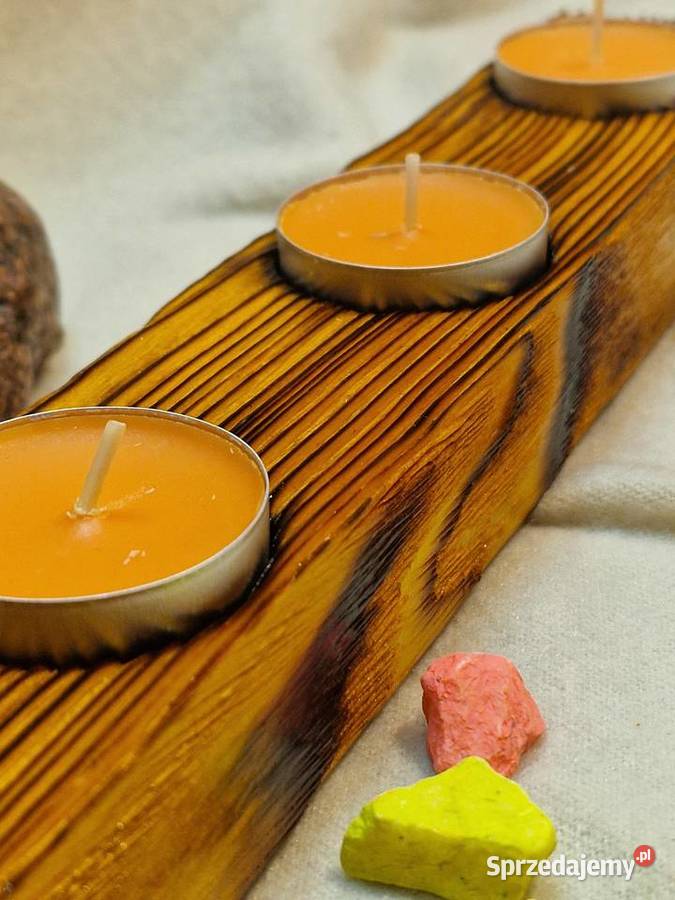 Świecznik Shou Sugi Ban drewno świerkowe złoty Sępopol sprzedam