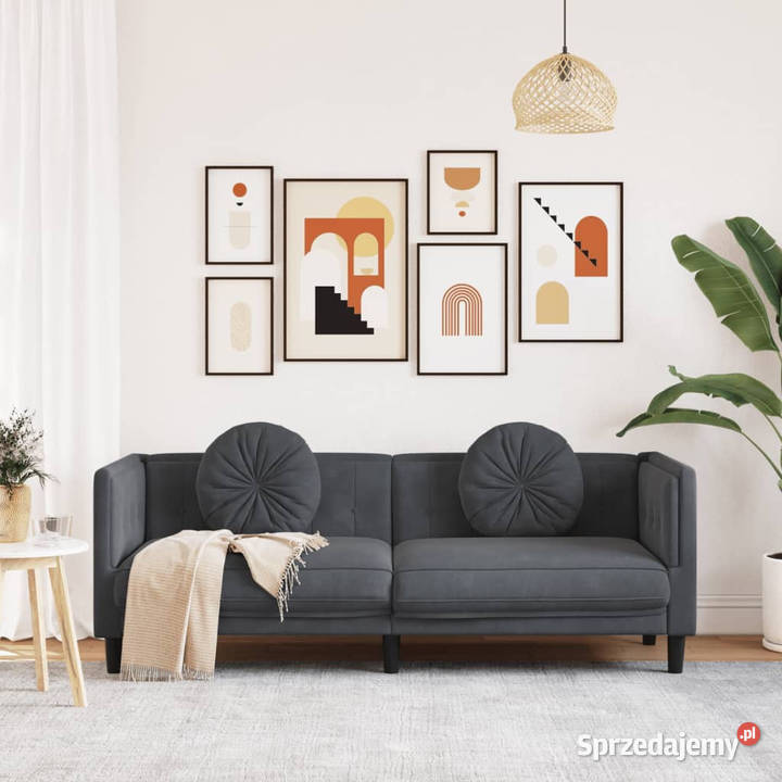 Sofa 3osobowa z poduszkami ciemnoszara aksamit Sofy i kanapy
