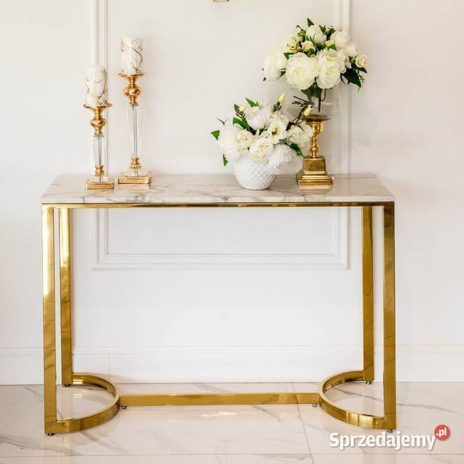 Nowoczesna konsola złota glamour z białym blatem Warszawa