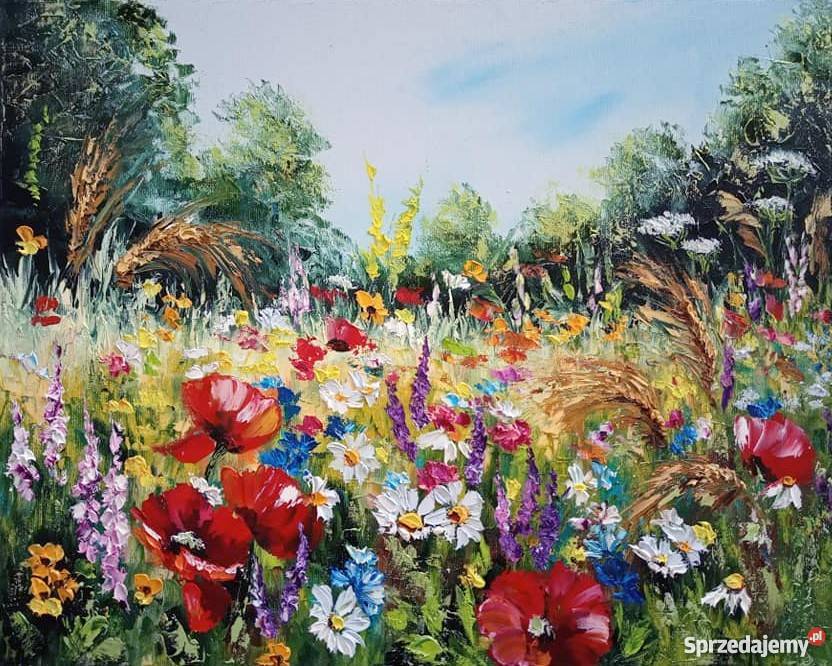 ŁĄKA PEJZAŻ KWIATOWY obraz olejny 50X40 kwiaty