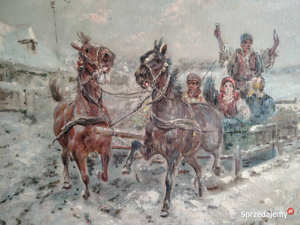 Stary obraz olejny Zimowa sanna