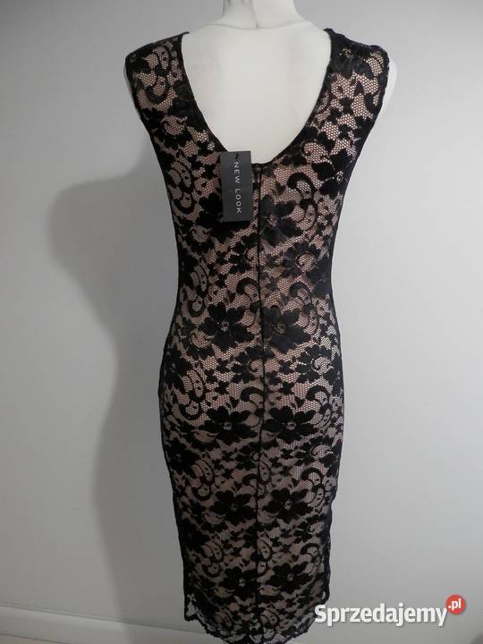 Sukienka Czarna Koronkowa z Cielistą Podszewką Łomża