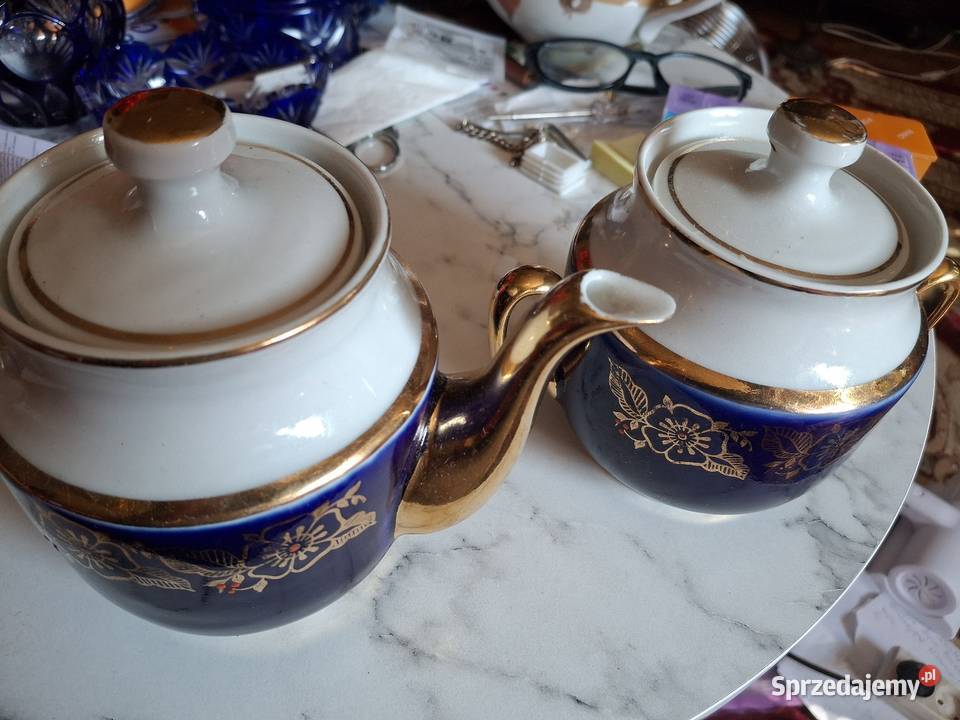 Dzbnek I cukiernica porcelana Kobalt biel i Warszawa