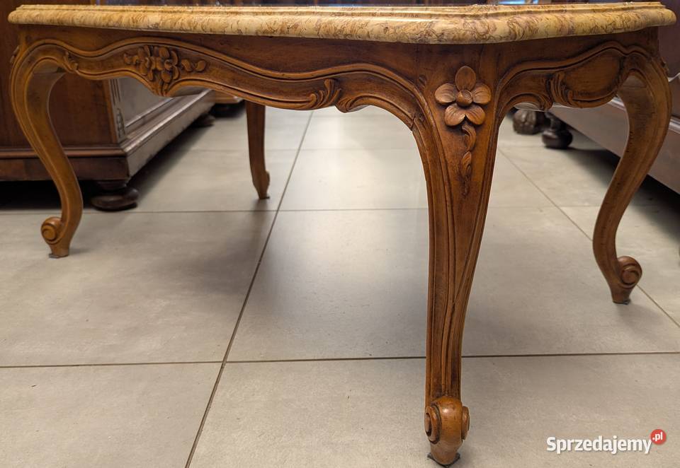 Piękny orzechowy stolik ludwikowski z marmurem śląskie
