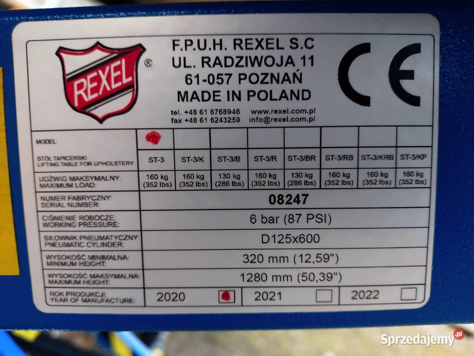 Stół Tapicerski pneumatyczny REXEL ST3 posiadam