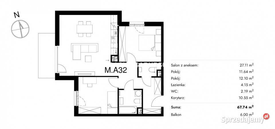 Mieszkanie 6774 metry 3pokojowe Kraków 67.74m2