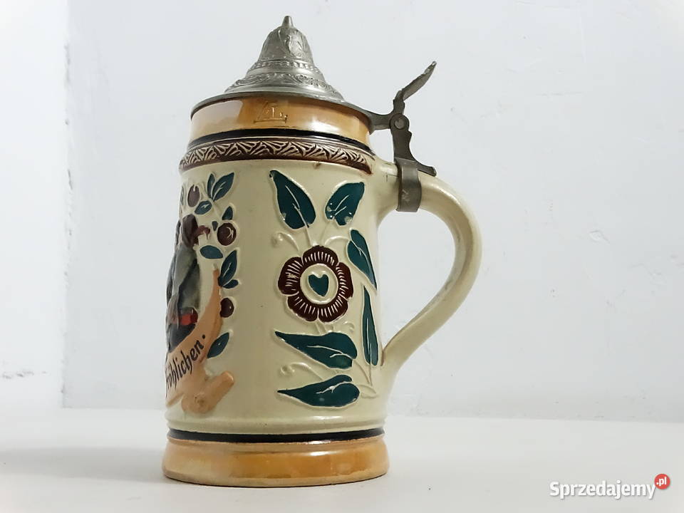 Zabytkowy niemiecki kufel ceramiczny z cynową Biłgoraj