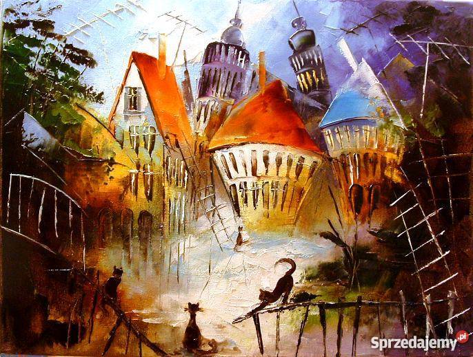 Koty Obraz plejny 40x30 szpachla Antyki, Sztuka, Kolekcje Wrocław