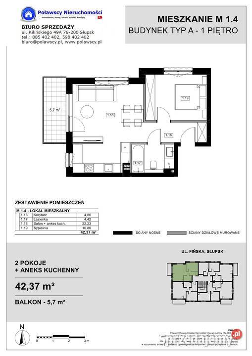 Nowe 2 pokojowe z balkonem i miejscem postojowym 42.37m2 Sprzedaż Słupsk