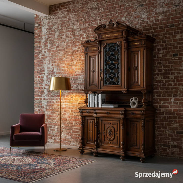 Antyk Wysoki KREDENS drewniany zdobiony KREDENS Kredensy i witryny wielkopolskie Kalisz sprzedam