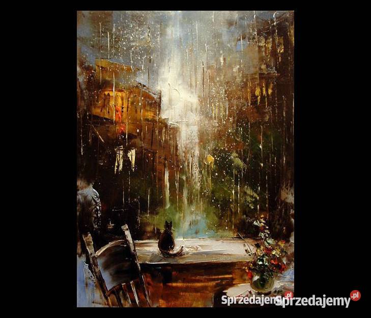 Miasto w deszczu 30x40 Obraz olejny namalowany sprzedam