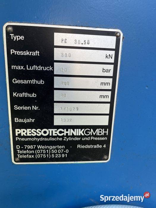 Prasa pneumohydrauliczna PRESSOTECHNIK 30T Narzędzia wielkopolskie Tuliszków