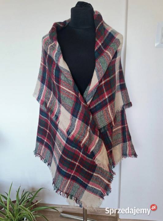Jasna chusta szalik gruba ciepła zimowa w kratę Kraków