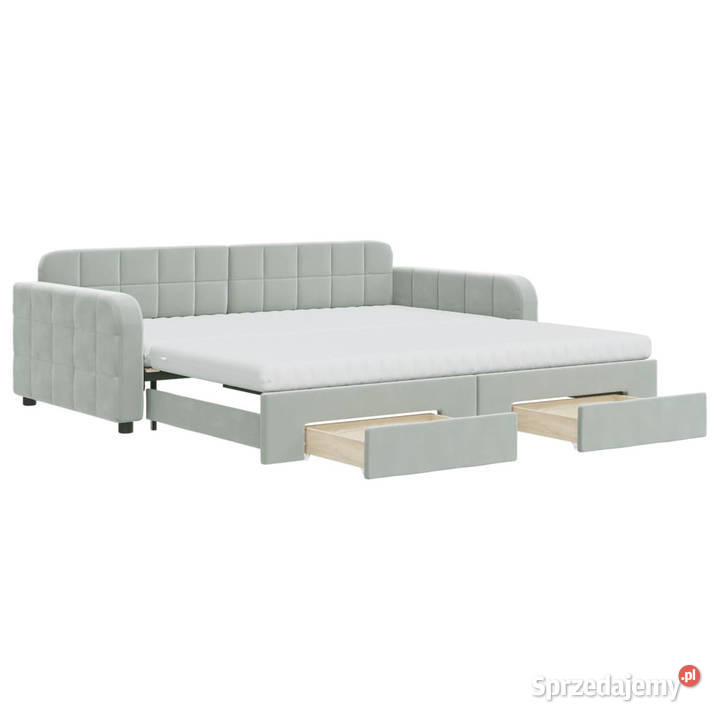 Sofa rozsuwana z szufladami jasnoszara aksamit
